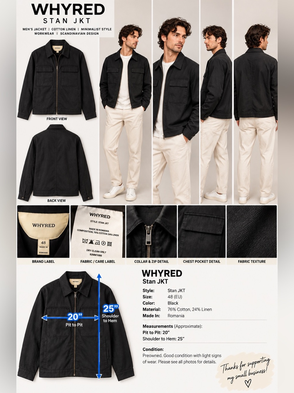 WHYRED Stan JKT Men’s 48 Black Cotton Linen Zip Workwear Jacket Sweden